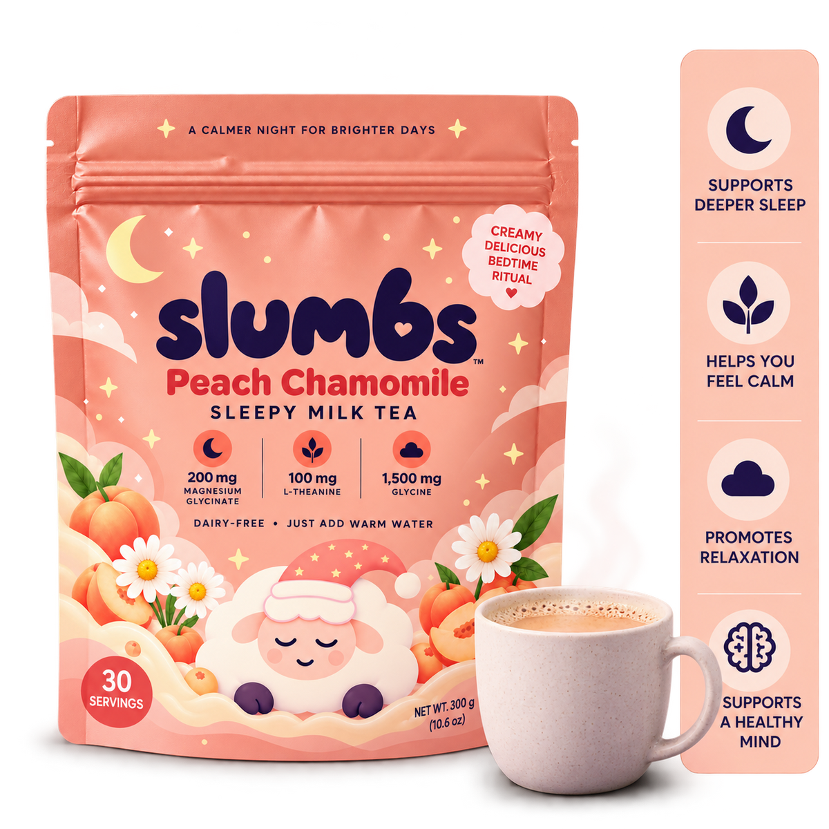 Slumbs Peach Chamomile sleepy milk tea bag