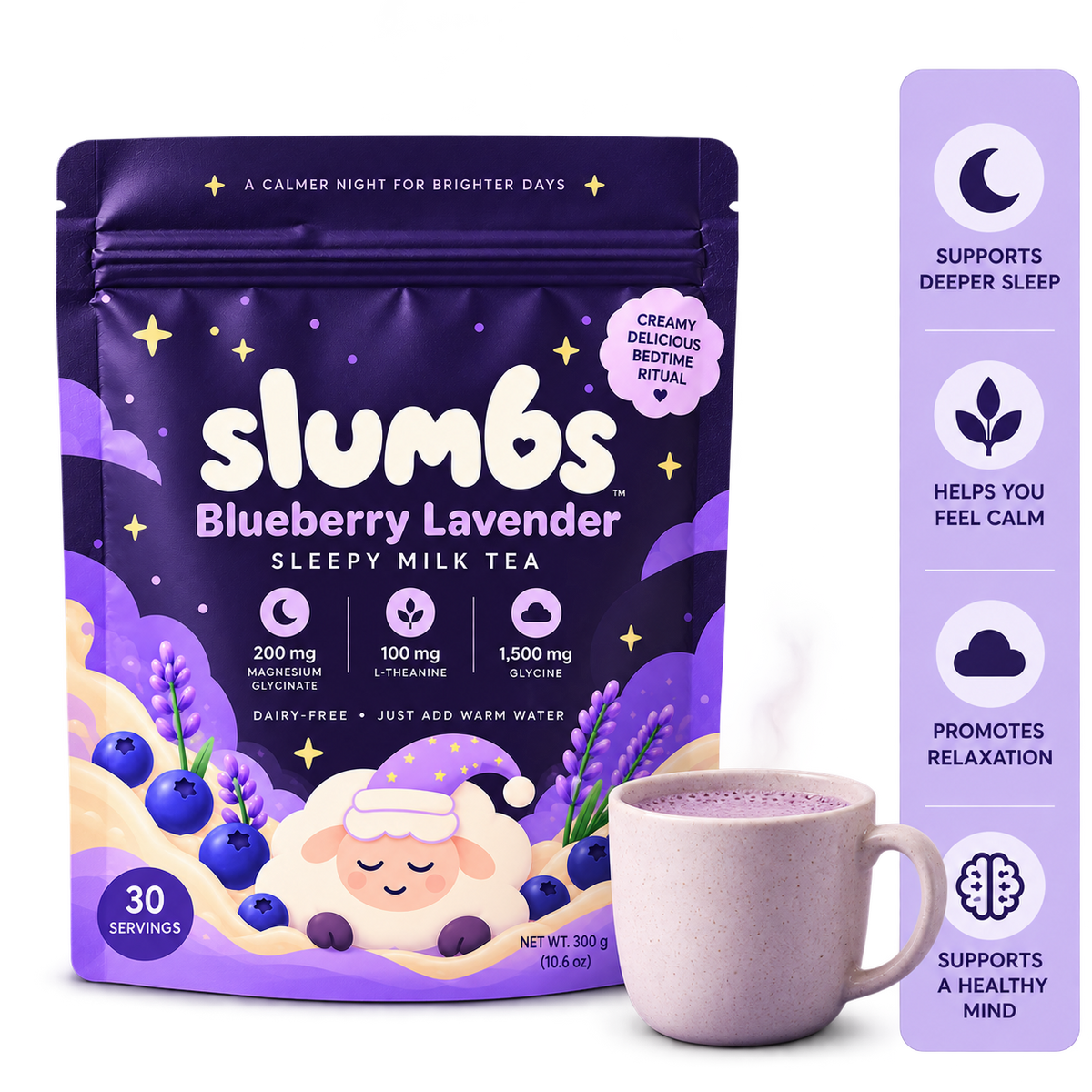 Slumbs Blueberry Lavender sleepy milk tea bag