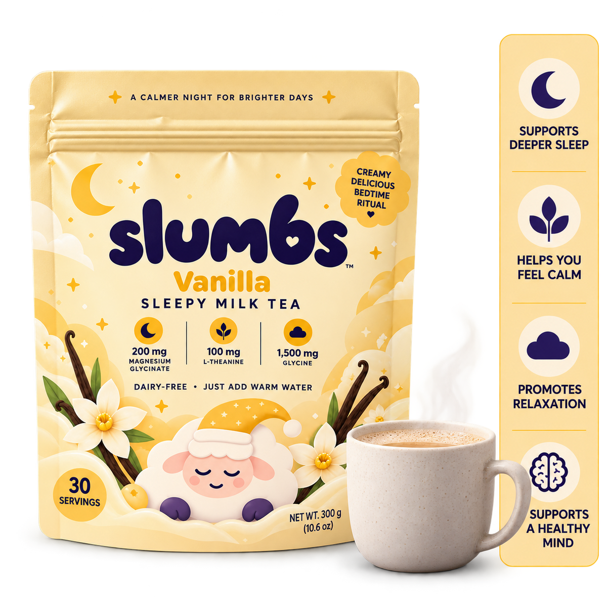 Slumbs Vanilla sleepy milk tea bag with mug and benefits